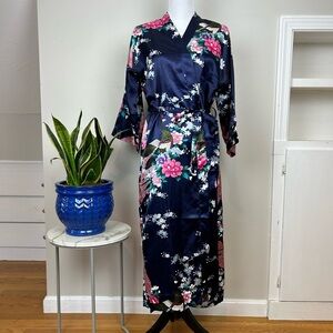 Long Satin Floral Print Silky Robe Navy Blue Floral Full Length Kimono Style